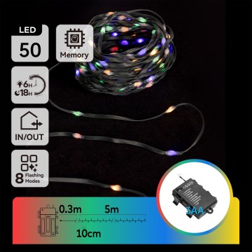 Aigostar - Vonkajšia vianočná LED reťaz 50xLED/8 funkcií 3xAA 5,3m IP44 viacfarebná