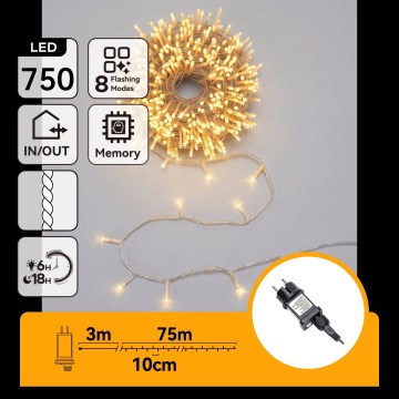 Aigostar - vonkajšia vianočná LED reťaz 750×LED/8 funkcií 78 m IP44 teplá biela