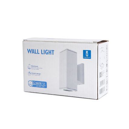 Biela nástenná lampa z hliníka je zobrazená v balení. Balenie obsahuje popis: WALL LIGHT, GU10 * 2, 230-240V-50Hz, IP65.