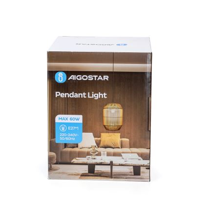 Závesné svetlo Aigostar je zobrazené na kartónovej krabici. Krabica obsahuje technické údaje: max. 60W, E27*1, 220-240V, 50/60Hz. Žiarovka nie je súčasťou balenia.