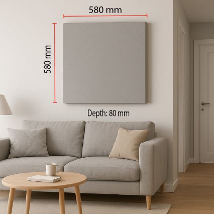 Štvorcový obraz visí na stene. Rozmery obrazu sú 580 mm x 580 mm, hĺbka 80 mm. Nachádza sa v obývačke pred svetlou pohovkou.