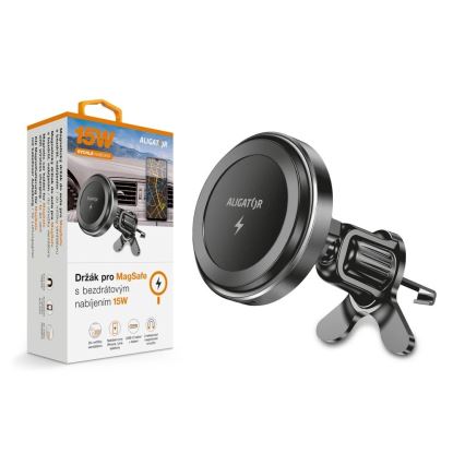 Aligator AMS05BK - Magnetický držiak telefónu do auta s bezdrôtovým nabíjaním Qi 15W a MagSafe čierna