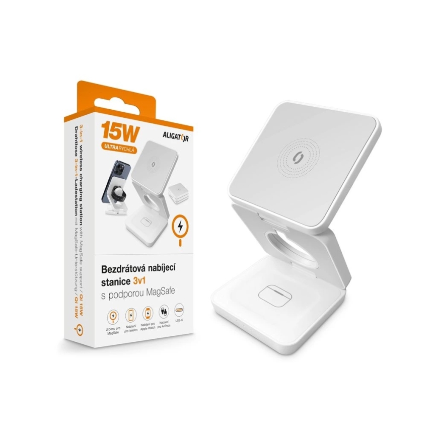 Aligator AMS09WT - Bezdrôtová nabíjacia stanica MagSafe 3v1 15 W biela