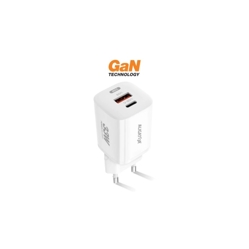Aligator CHPD0020 - Rýchlonabíjací adaptér GaN s Power Delivery 33W USB-A + USB-C biely