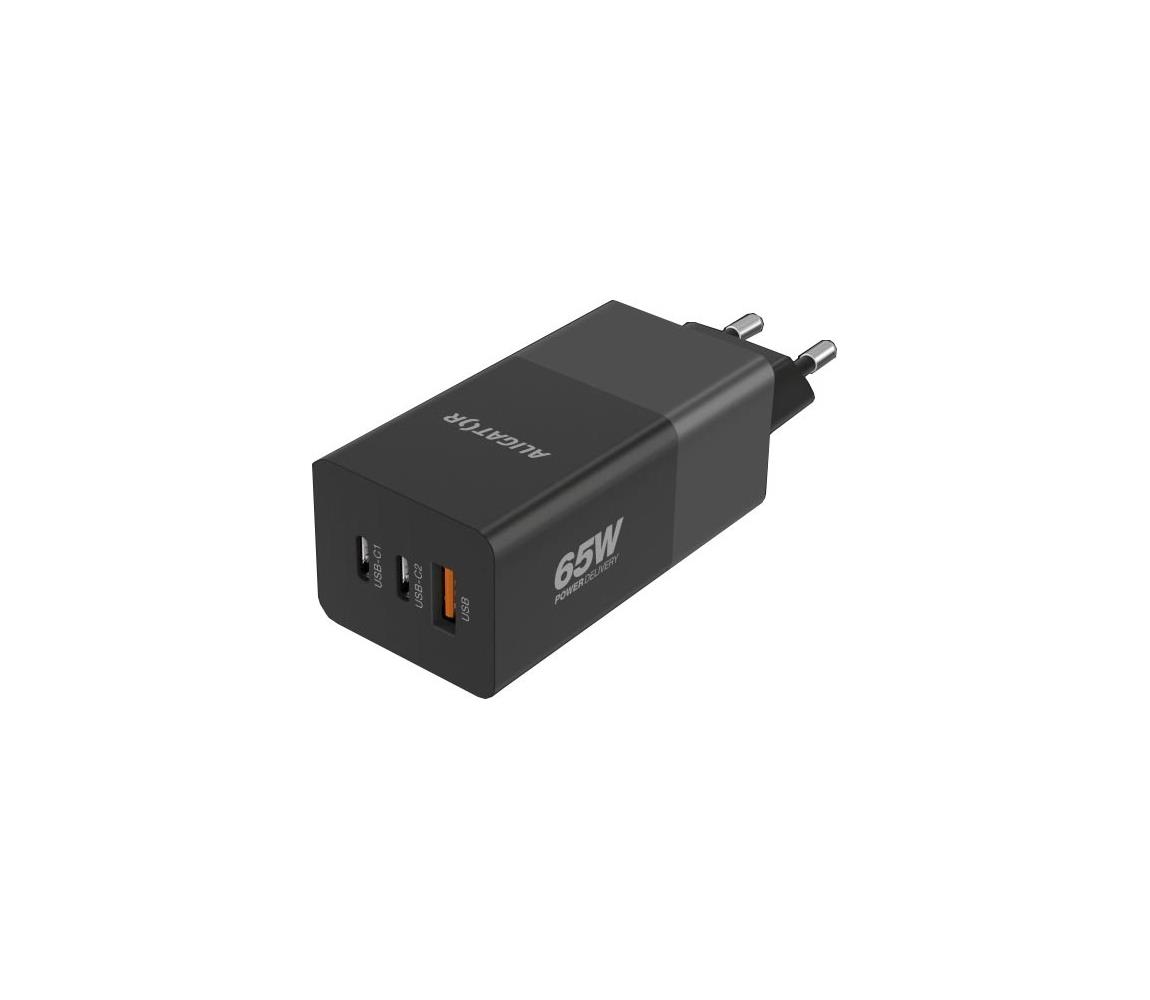 Aligator CHPD0027 - Rýchlonabíjací adaptér GaN PD 65W 2xUSB-C + USB-A čierna CHPD0027
