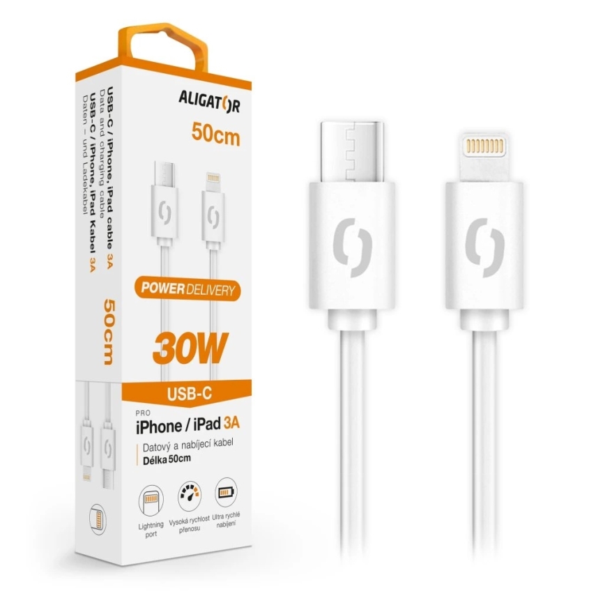 Aligator DATKP57 - USB kábel USB-C / Lightning, 30 W Power Delivery (PD), 0,5 m, biely