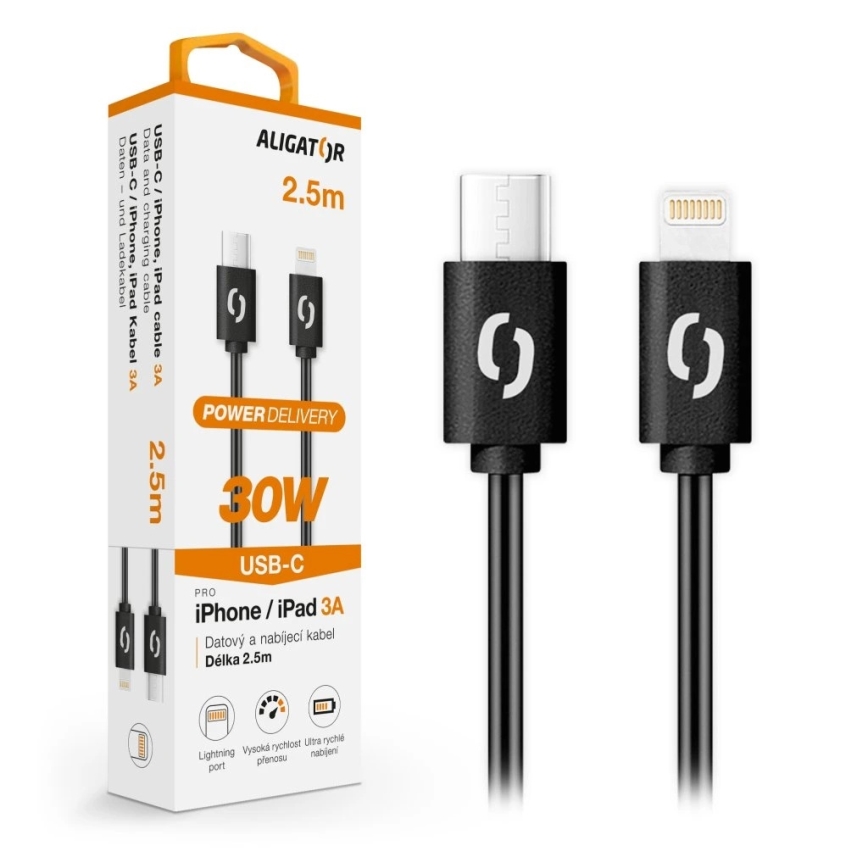 Aligator DATKP60 - USB kábel USB-C / Lightning, 30 W s Power Delivery, 2,5 m, čierny