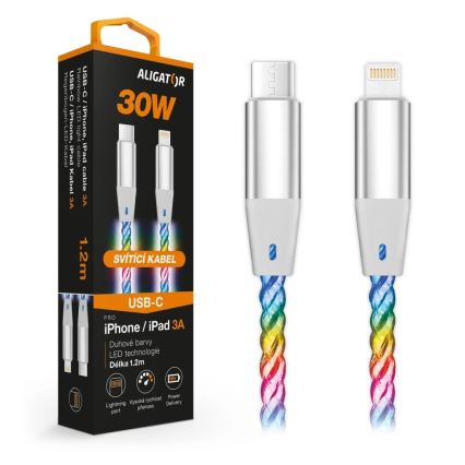 Aligator DATKP63 - USB kábel USB-C / Lightning s LED podsvietením 30W Power Delivery 1,2 m