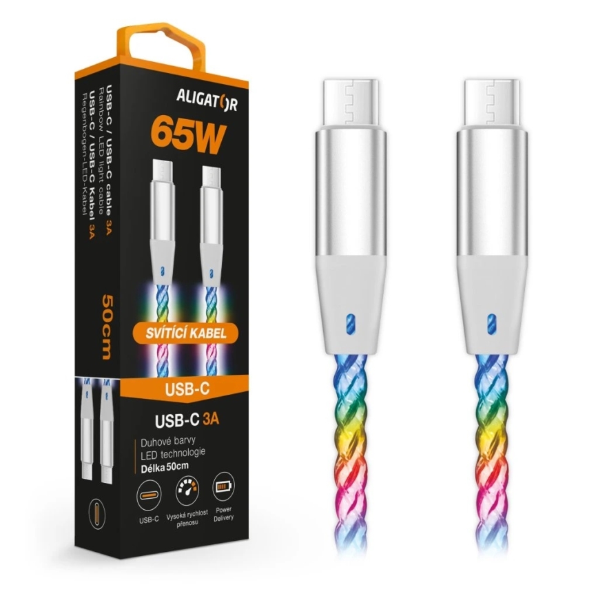 Aligator DATKP64 - USB kábel USB-C / USB-C s LED podsvietením 65W Power Delivery 0,5 m