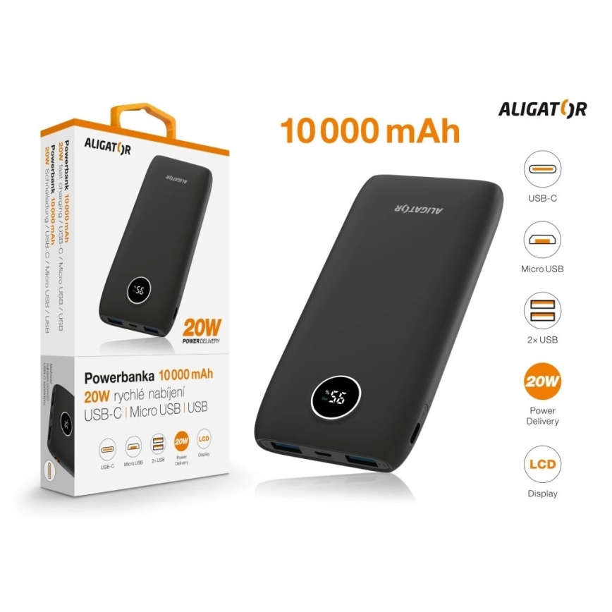 Aligator PBPD10BK - Powerbanka s LCD displejom, Power Delivery, 10000 mAh/20 W/3,7 V, čierna