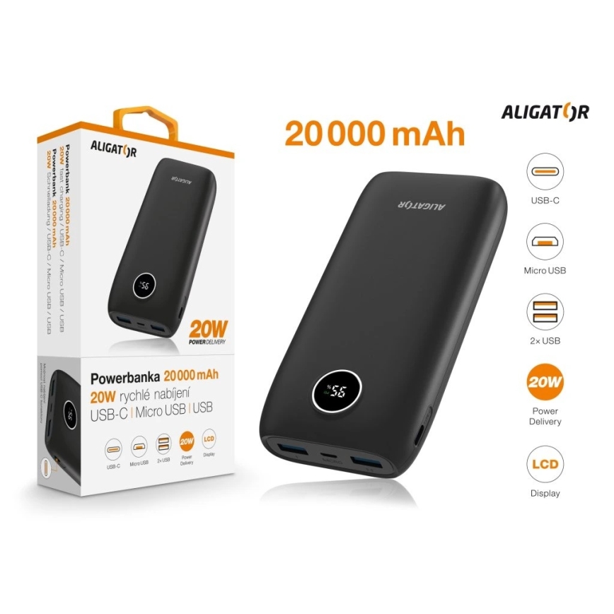 Aligator PBPD20BK - Powerbanka s LCD displejom Power Delivery 20000 mAh/20W/3,7V čierna
