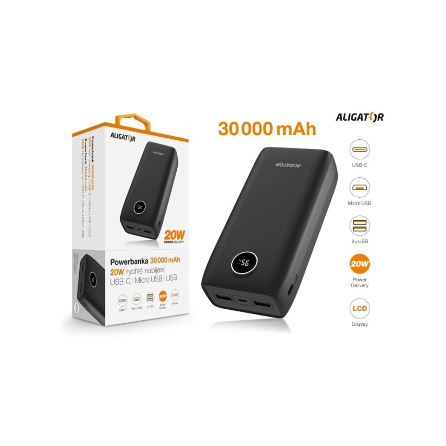 Aligator PBPD30BK - powerbanka s LCD displejom, Power Delivery, 30000 mAh/20 W/3,7 V, čierna