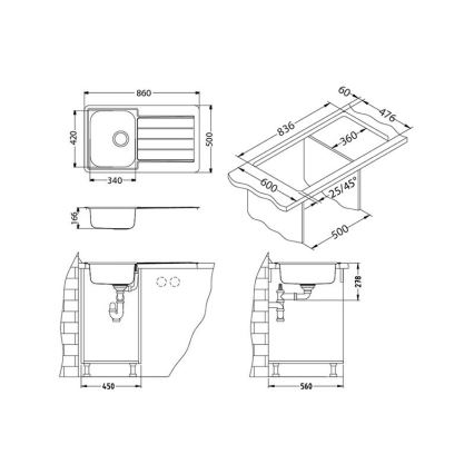 Technické výkresy kuchynského drezu ukazujúce rozmery a inštaláciu. Drez je zobrazený zhora, zboku a v priereze s uvedenými presnými rozmermi (420, 340, 500, 860, 60, 476, 836, 360, 600, 500, 25/45°, 166, 450, 560, 278).