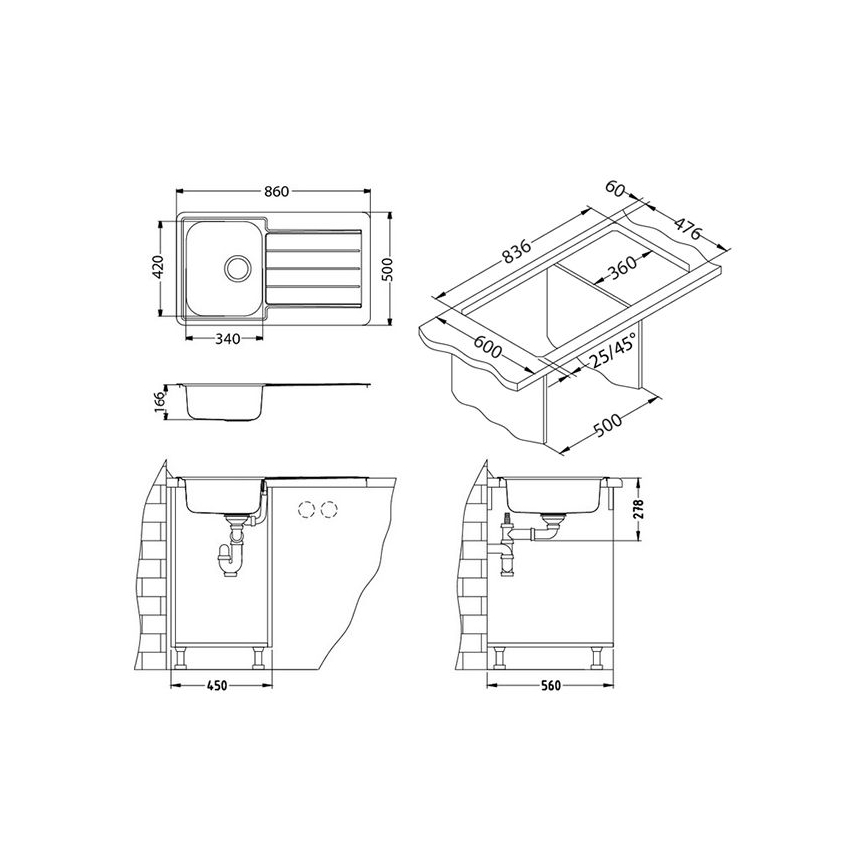 Technické výkresy kuchynského drezu ukazujúce rozmery a inštaláciu. Drez je zobrazený zhora, zboku a v priereze s uvedenými presnými rozmermi (420, 340, 500, 860, 60, 476, 836, 360, 600, 500, 25/45°, 166, 450, 560, 278).