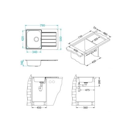 Drez s odkvapkávacou plochou a odtokovou armatúrou, inštalovaný v kuchynskej linke. Sú uvedené rozmery drezovej nádoby a celkovej zostavy.