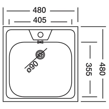 Drez s odtokom je zobrazený v čelnom pohľade s rozmermi 480 x 405 x 355 mm. Šírka je 480 mm, dĺžka 405 mm a hĺbka 355 mm. Odtok má priemer 90 mm.