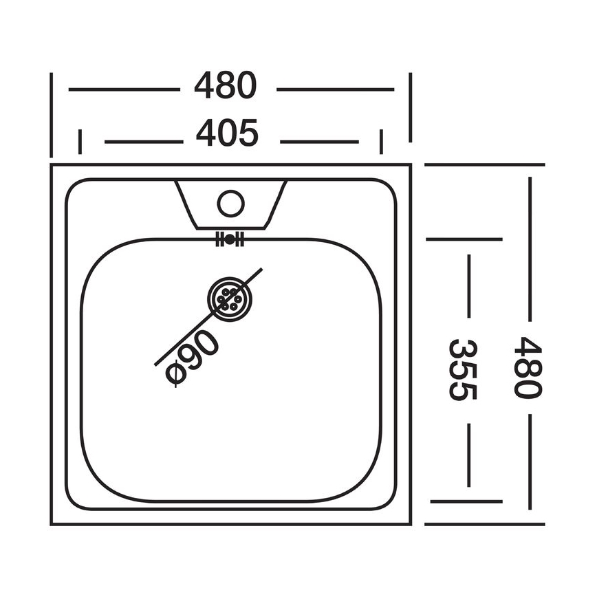 Drez s odtokom je zobrazený v čelnom pohľade s rozmermi 480 x 405 x 355 mm. Šírka je 480 mm, dĺžka 405 mm a hĺbka 355 mm. Odtok má priemer 90 mm.