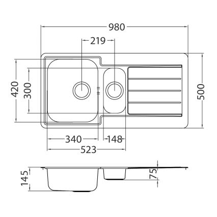 Dvojica kuchynských drezov s odkvapkávacou plochou a presnými rozmermi: 980x500x420 mm. Rozmery jednotlivých častí sú tiež uvedené na výkrese.
