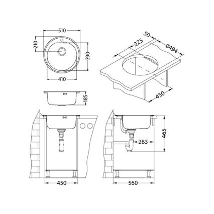 Drez s rozmermi 410x390 mm je súčasťou kuchynskej linky. Zobrazené sú detailné rozmery drezu, jeho inštalácie a náhľady z rôznych uhlov.