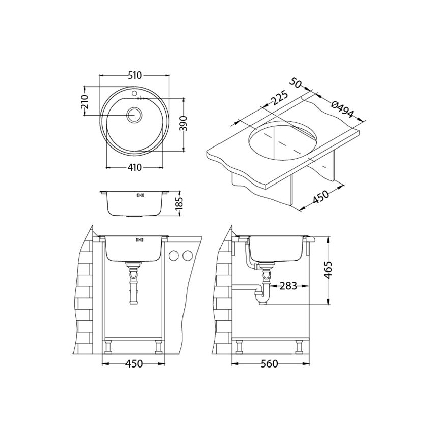 Drez s rozmermi 410x390 mm je súčasťou kuchynskej linky. Zobrazené sú detailné rozmery drezu, jeho inštalácie a náhľady z rôznych uhlov.
