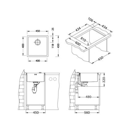 Kuchynský drez s rozmermi 400x400x118 mm, inštalovaný v kuchynskej linke, s pripojením sifónu a odpadovým potrubím. Celkové rozmery inštalácie sú 450x480x320 mm resp. 450x560x320 mm.