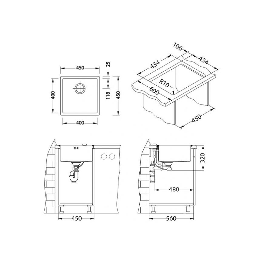Kuchynský drez s rozmermi 400x400x118 mm, inštalovaný v kuchynskej linke, s pripojením sifónu a odpadovým potrubím. Celkové rozmery inštalácie sú 450x480x320 mm resp. 450x560x320 mm.