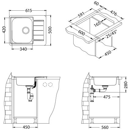 Drez s rozmermi 340 x 500 x 420 mm; inštalácia do pracovnej dosky s rozmermi 450 x 591 x 60 mm a odtokom; bočný pohľad na inštaláciu v skrinke.