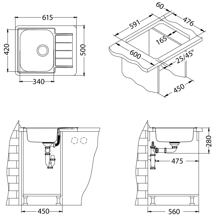 Drez s rozmermi 340 x 500 x 420 mm; inštalácia do pracovnej dosky s rozmermi 450 x 591 x 60 mm a odtokom; bočný pohľad na inštaláciu v skrinke.