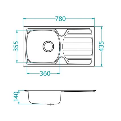 Drez s odkvapkávacou plochou, zobrazený v pôdoryse a bočnom pohľade s rozmermi: 780 x 435 x 355 x 360 x 140 mm.