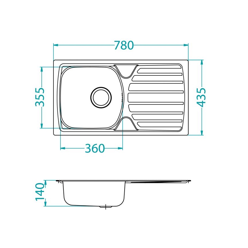 Drez s odkvapkávacou plochou, zobrazený v pôdoryse a bočnom pohľade s rozmermi: 780 x 435 x 355 x 360 x 140 mm.