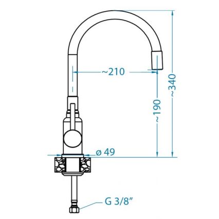Kuchynská batéria s výtokom tvaru oblúka. Rozmery: výška ~340 mm, šírka výtoku ~210 mm, priemer pripojenia ~49 mm, priemer pripojenia k potrubiu G 3/8.