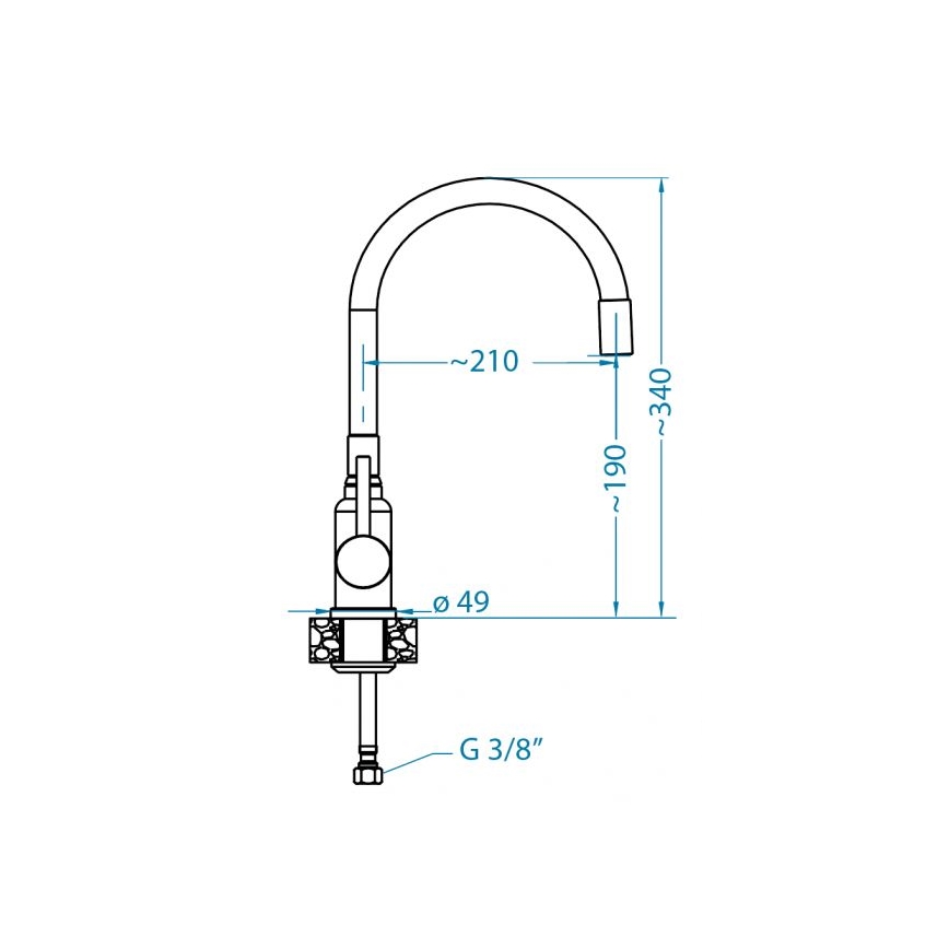 Kuchynská batéria s výtokom v tvare oblúka, umiestnená na pracovnej doske. Rozmery: výška ~340 mm, šírka výtoku ~210 mm, priemer základne ~49 mm. Pripojenie G 3/8.
