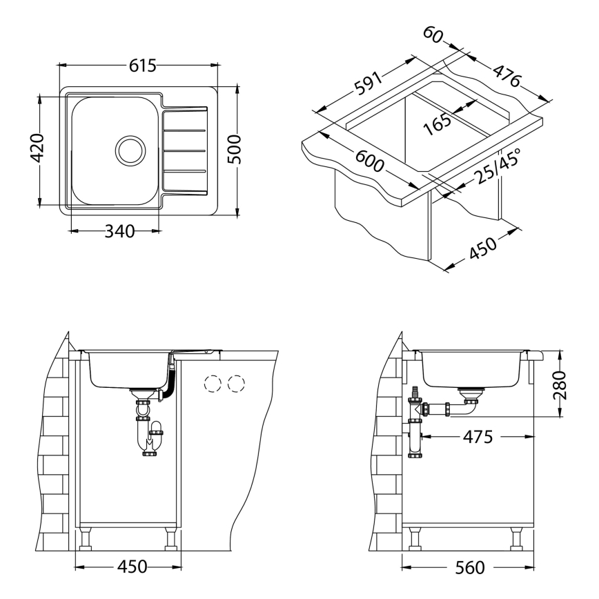 Technický výkres kuchynského drezu ukazuje rozmery a inštaláciu. Drez má jednu hlavnú nádobu a odkvapkávač. Inštalácia zahŕňa potrubie a upevnenie do skrinky. Rozmery sú uvedené v milimetroch.