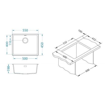 Drez s rozmermi 500x450x198 mm a 550x400x110 mm je zobrazený v dvoch perspektívach s detailnými rozmerovými údajmi.