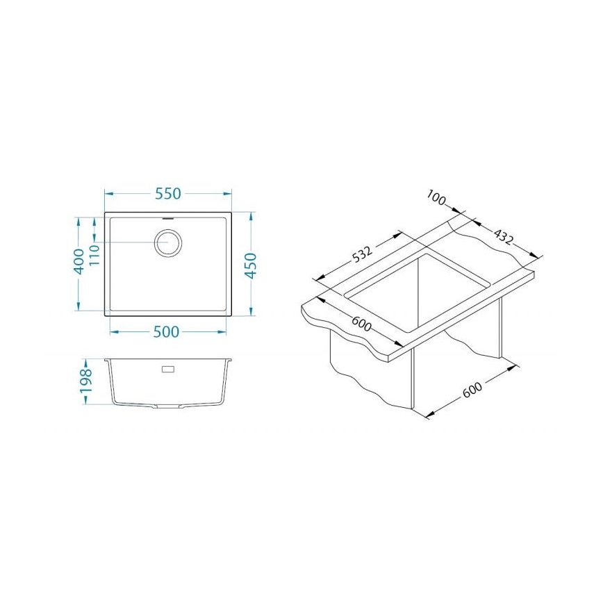 Drez s rozmermi 500x450x198 mm a 550x400x110 mm je zobrazený v dvoch perspektívach s detailnými rozmerovými údajmi.