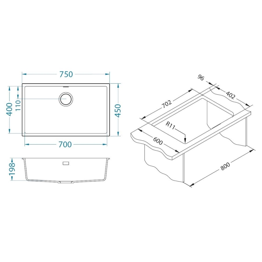Drez s rozmermi 700x450x198 mm, zobrazený v náčrte s detailnými rozmermi vrátane výrezu pre batériu a bočného pohľadu. Súčasťou je i schéma umiestnenia drezu v pracovnej doske s rozmermi 800x600 mm a polomerom R11.