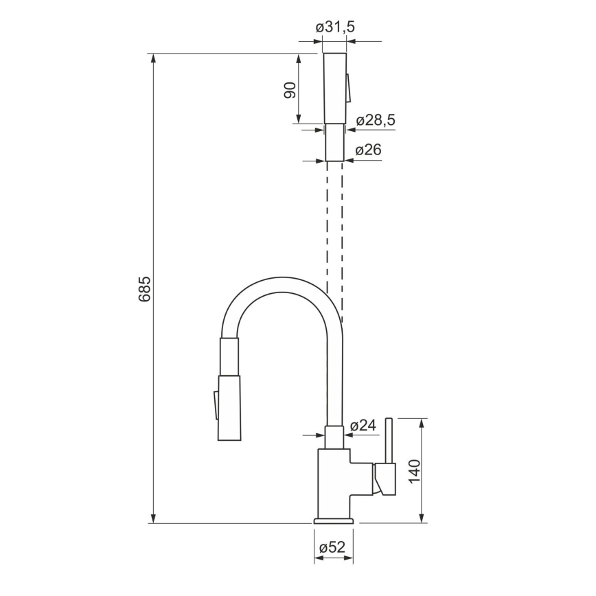 ALVEUS KI112111 - Drezová batéria s flexibilným ramienkom so sprchou BEA 47 cm lesklý chróm/čierna