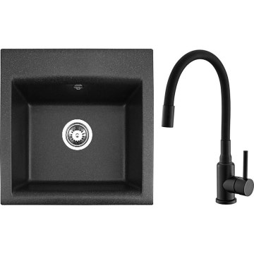 ALVEUS SETA23193 - Kuchynský drez ATROX 50x50 cm + drezová batéria s flexibilným ramienkom MINTAS 34 cm granit/matná čierna