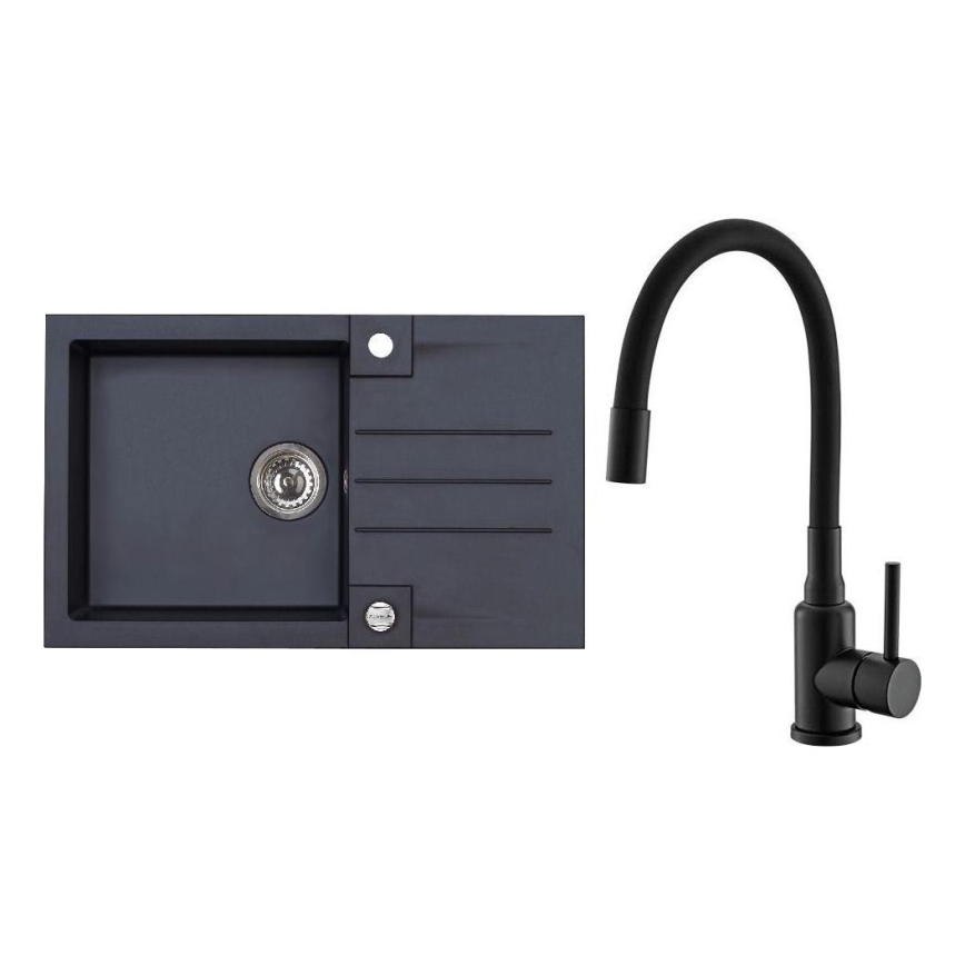 ALVEUS SETA23201 - Kuchynský drez ROCK 78x48 cm + drezová batéria s flexibilným ramienkom MINTAS 34 cm granit/matná čierna