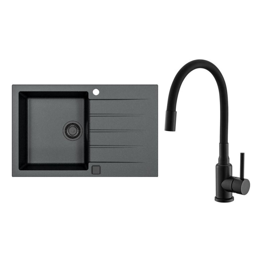 ALVEUS SETA23231 - Kuchynský drez CADIT 79x50 cm + drezová batéria s flexibilným ramienkom MINTAS 34 cm granit/matná čierna
