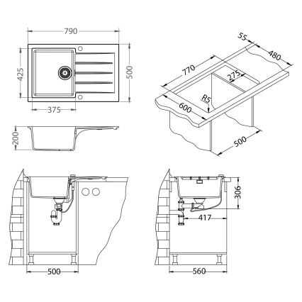 ALVEUS SETA23231 - Kuchynský drez CADIT 79x50 cm + drezová batéria s flexibilným ramienkom MINTAS 34 cm granit/matná čierna