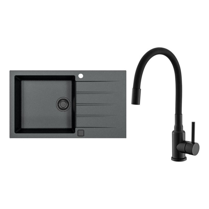 ALVEUS SETA23232 - Kuchynský drez CADIT 86x50 cm + drezová batéria s flexibilným ramienkom MINTAS 34 cm granit/matná čierna
