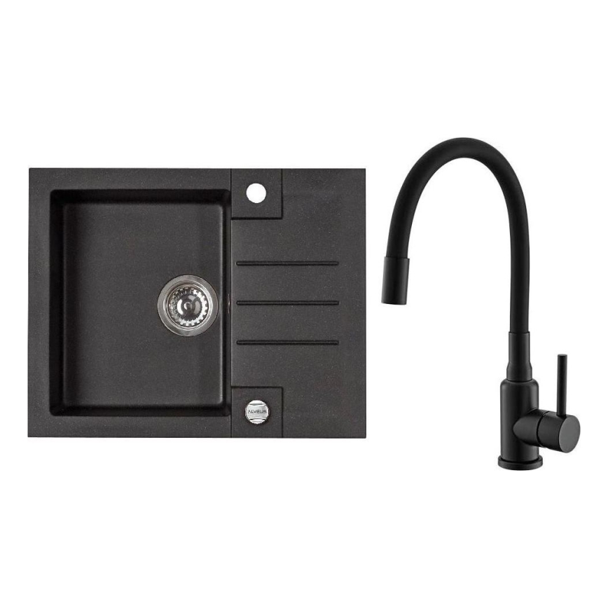 ALVEUS SETA23236 - Kuchyňský dřez ROCK 59,5x47,5 cm + dřezová baterie s flexibilním ramínkem MINTAS 34 cm granit/matná černá