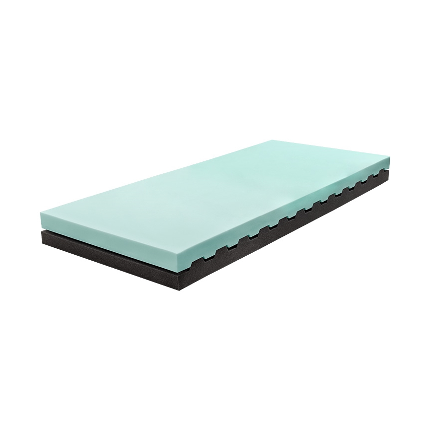 Matrac leží na bielom pozadí. Má svetlomodrú vrchnú vrstvu a tmavú spodnú vrstvu s priečnymi výstupkami.