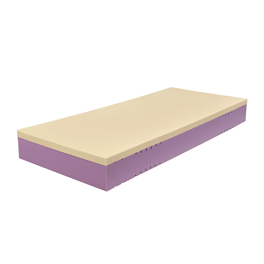 Matrac leží na bielom pozadí. Je zložený z dvoch vrstiev: vrchná je svetlo béžová, spodná fialová. Fialová časť má viditeľné perforácie.