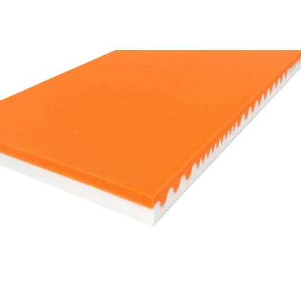 Pena je zobrazená v uhle. Horná vrstva je oranžová, spodná biela, s vlnitým prechodom medzi nimi.