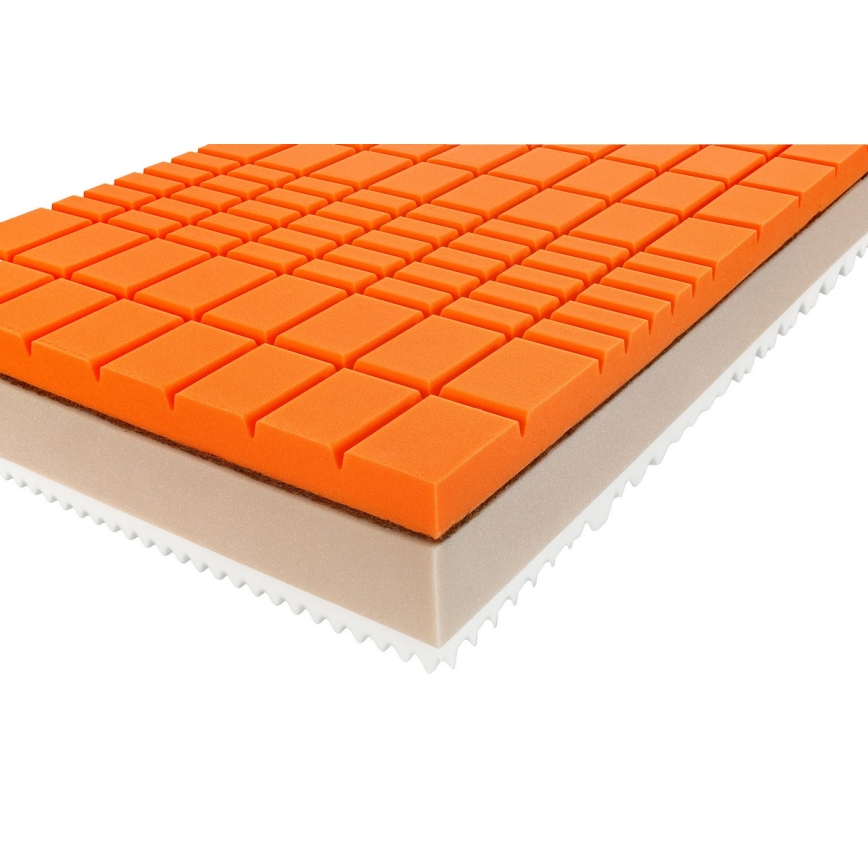 Pevný matrac s oranžovou vrchnou vrstvou rozdelenou do štvorcov, pod ktorou je béžová a biela vrstva s výstupkami, je zobrazený pod uhlom.