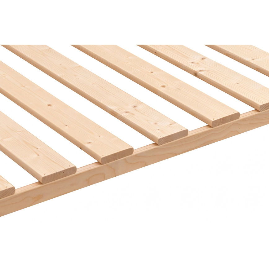 Drevený rošt tvorí vodorovné lamely na drevenom ráme. Lamely sú pripevnené k rámu. Rošt je z svetlého dreva.