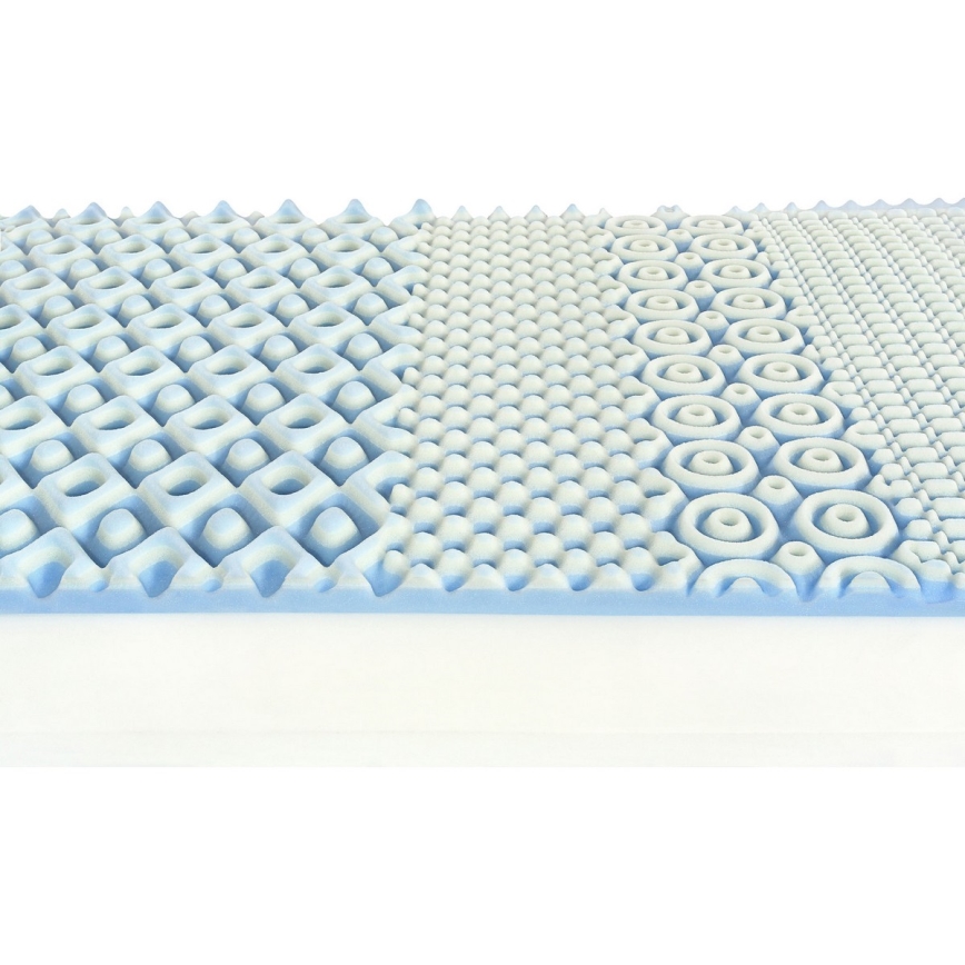 Penový matrac s rôzne tvarovanou povrchovou štruktúrou – výstupky v tvare štvorcov, kruhov a bodov – je položený na bielom podklade.