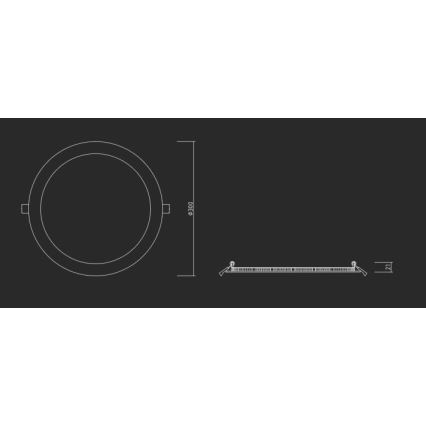 Technický výkres kruhového LED svietidla s priemerom 2100 mm a hrúbkou 21 mm. Svietidlo je zobrazené zhora a zboku.